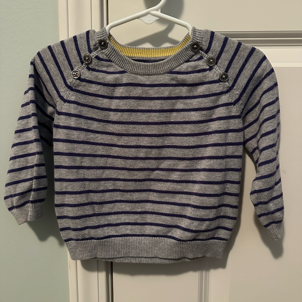 Baby Boden gray sweater with navy stripes, button detail